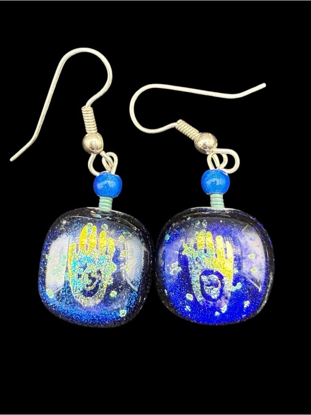 Vintage Blue Handprint Glass Drop Earrings
